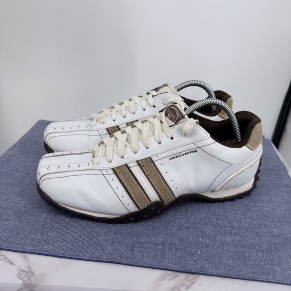 Skechers Urbantrack Forward Men 10 Whte Leather Sneakers 50661 Retro Driving - Picture 2 of 12